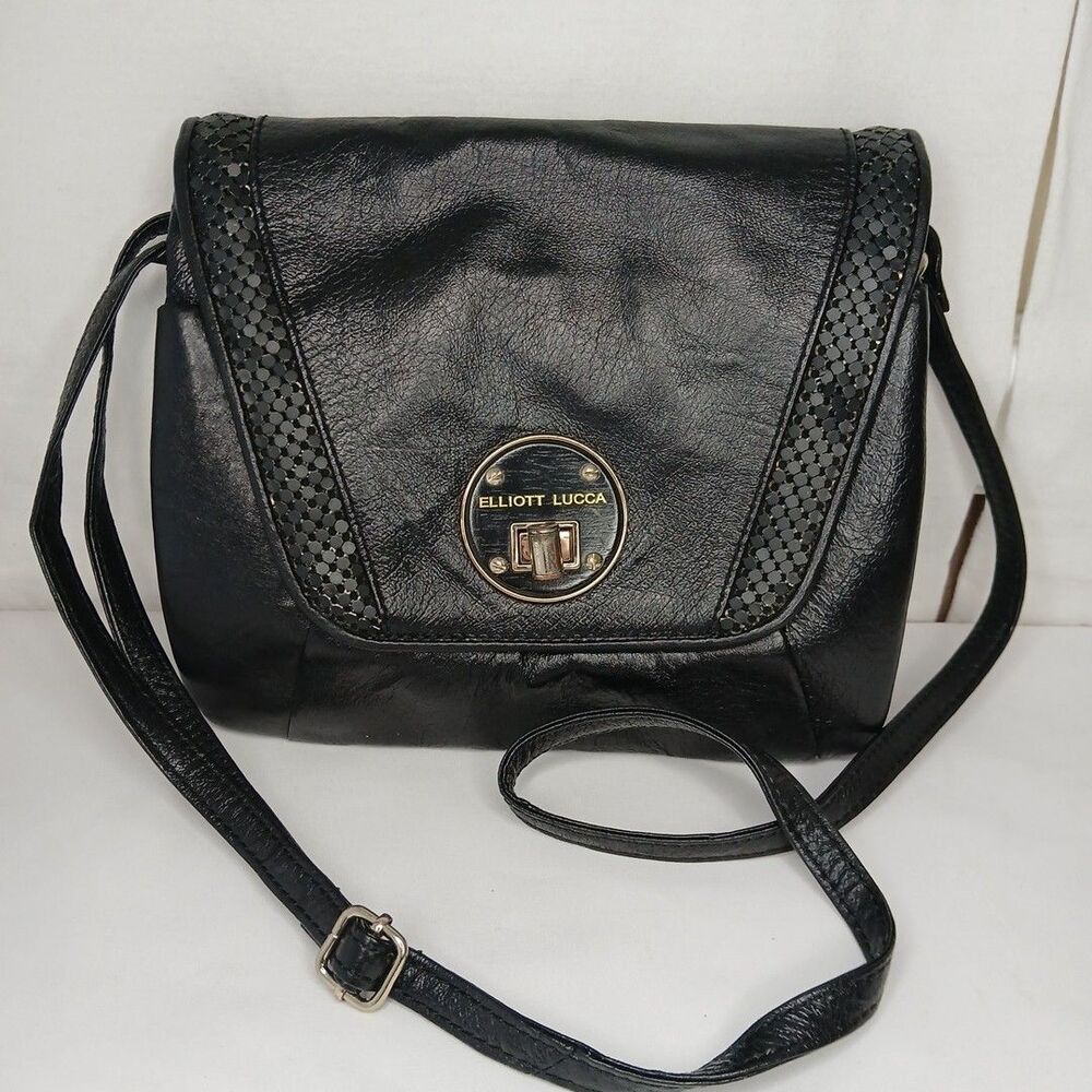 Elliot Lucca Leather Handbag Purse Crossbody Block Pattern Black Geometric